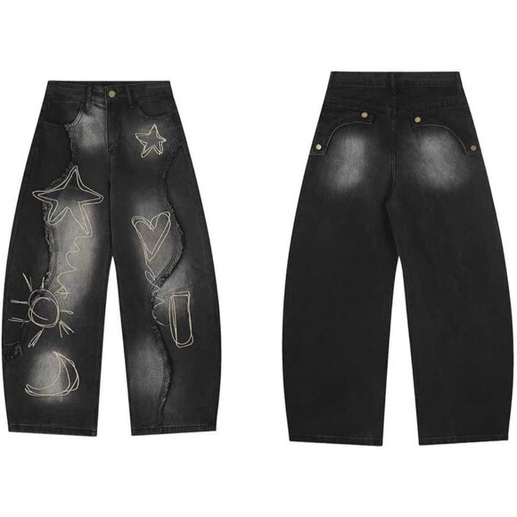 Baggy Women's Jeans Denim Wide Leg Embroidered Patchwork Casual Streetwear - Picture 5 of 6